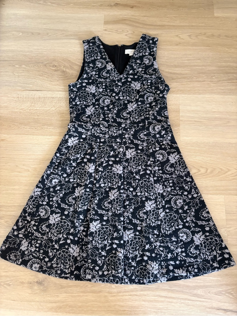 LOFT Black Floral V-Neck A-Line Dress